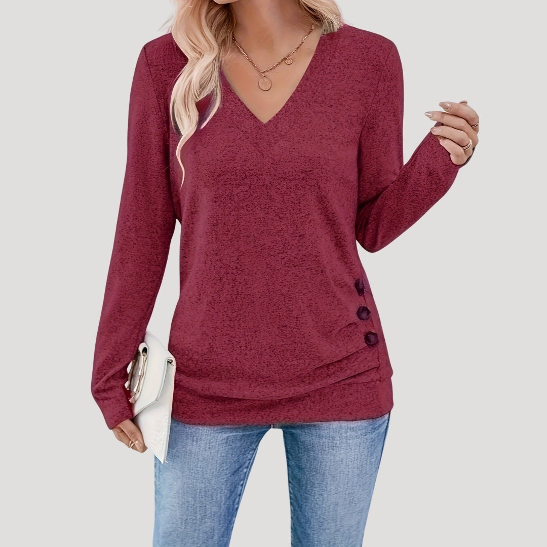 V-neck button-detail long-sleeve top