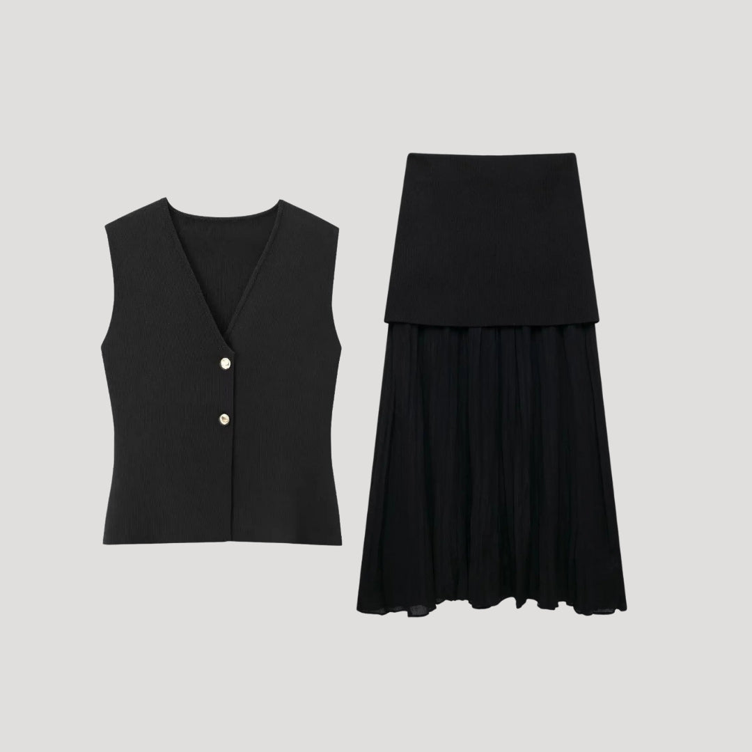 Sophisticated sleeveless vest and pleated skirt set