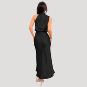 Women's satin wedding guest dress - halter neck maxi
