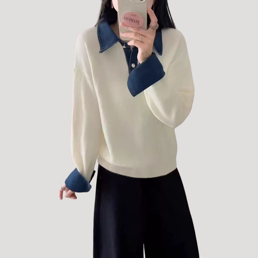 Women’s wool winter jumper with layered shirt collar