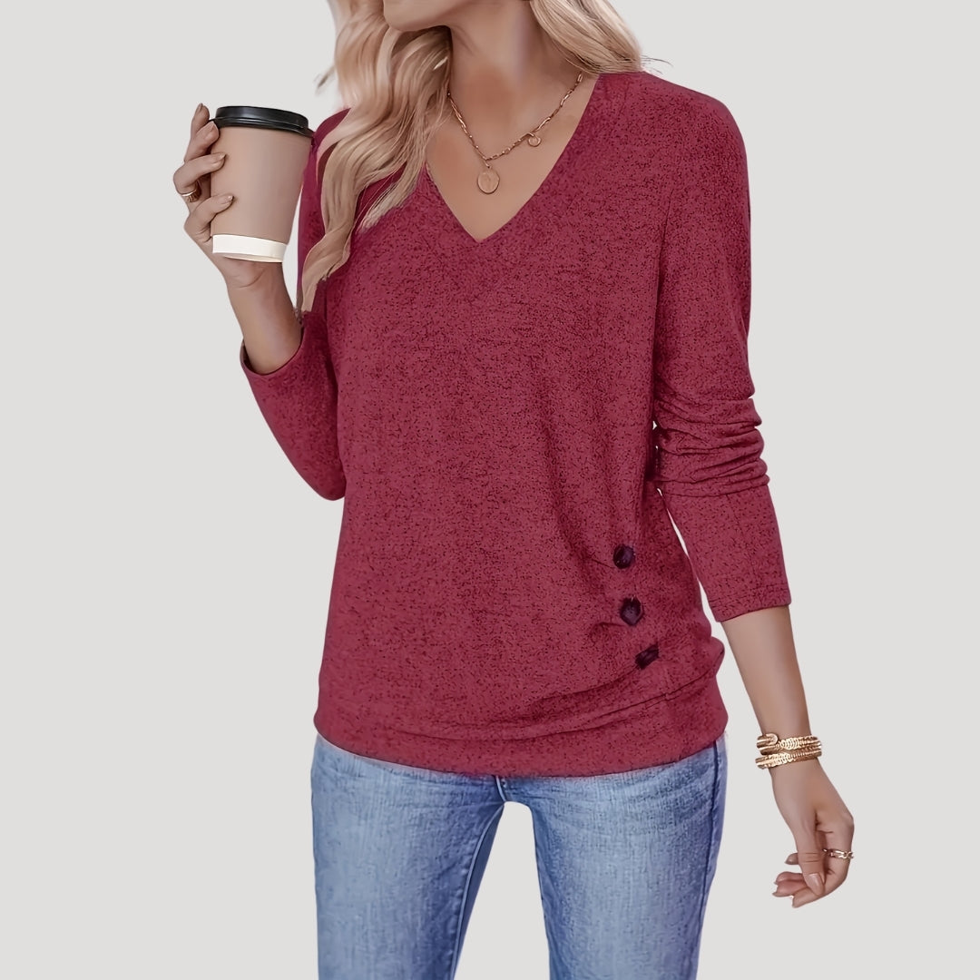 V-neck button-detail long-sleeve top