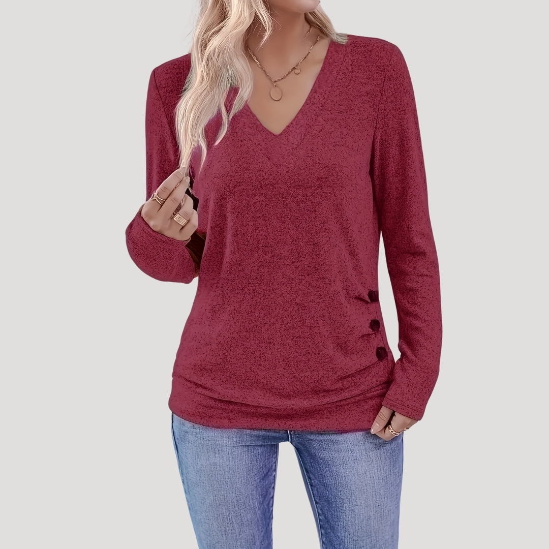 V-neck button-detail long-sleeve top