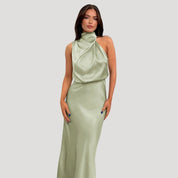 Women's satin wedding guest dress - halter neck maxi