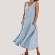 Women’s summer sleeveless midi dress – casual linen look with pockets