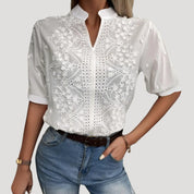 Women’s white embroidered cotton short sleeve blouse