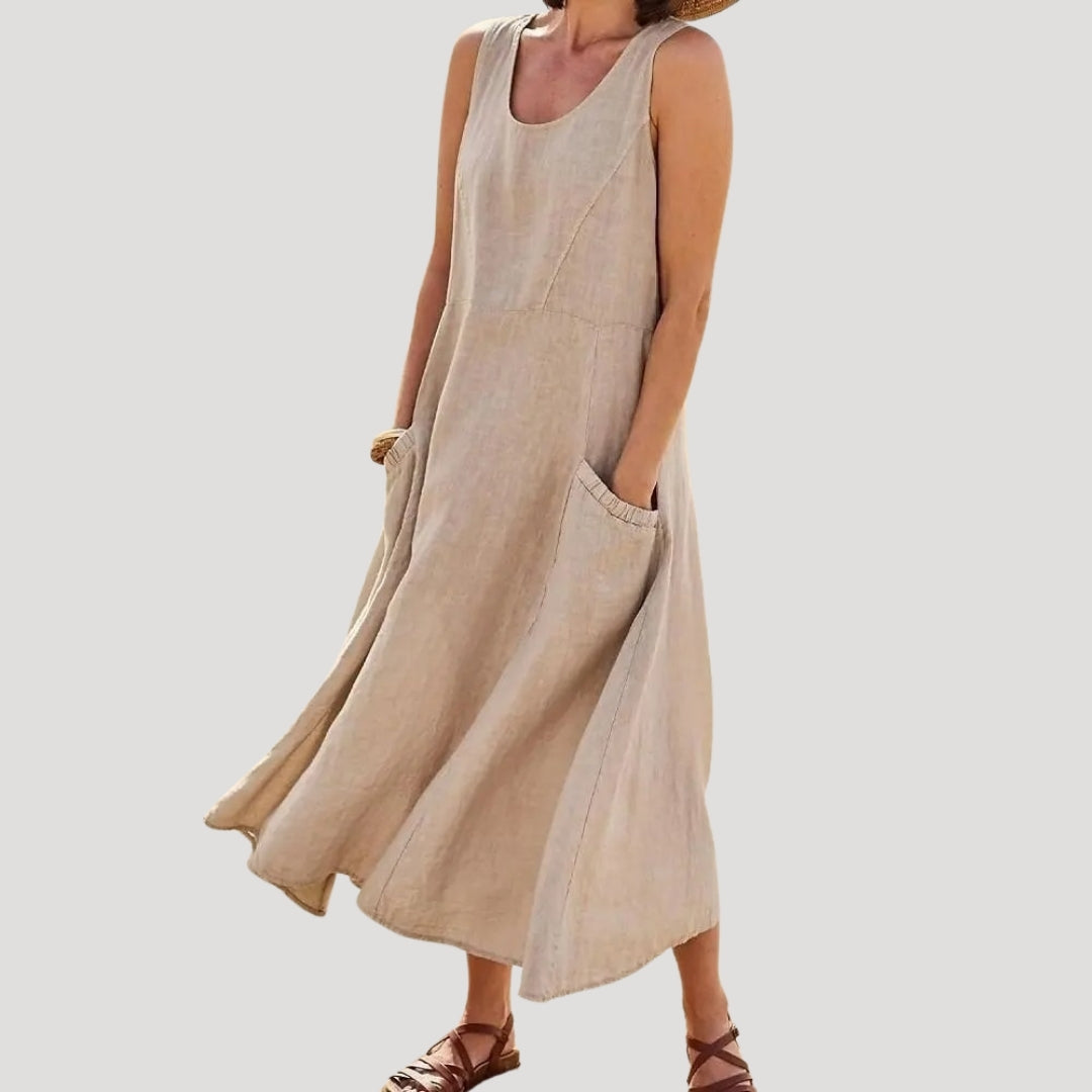 Women’s summer sleeveless midi dress – casual linen look with pockets