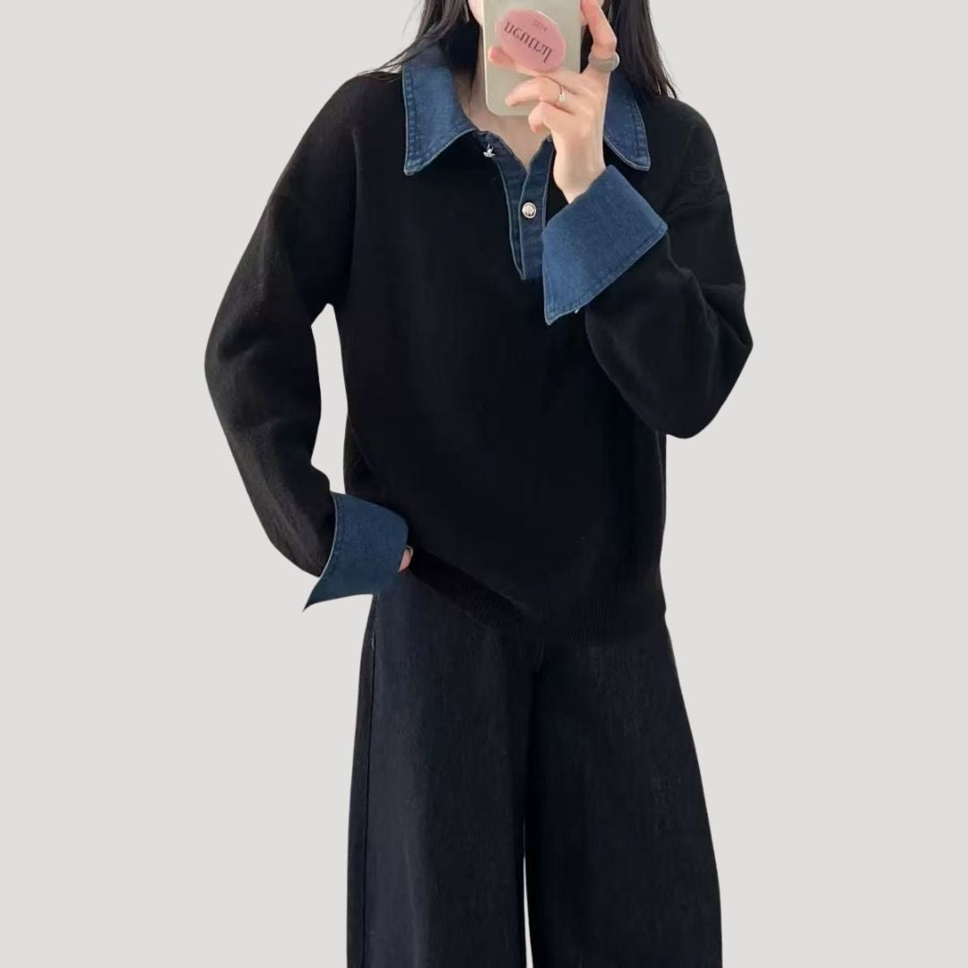 Women’s wool winter jumper with layered shirt collar