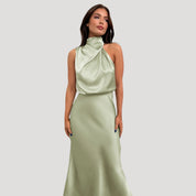 Women's satin wedding guest dress - halter neck maxi