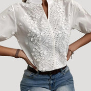 Women’s white embroidered cotton short sleeve blouse
