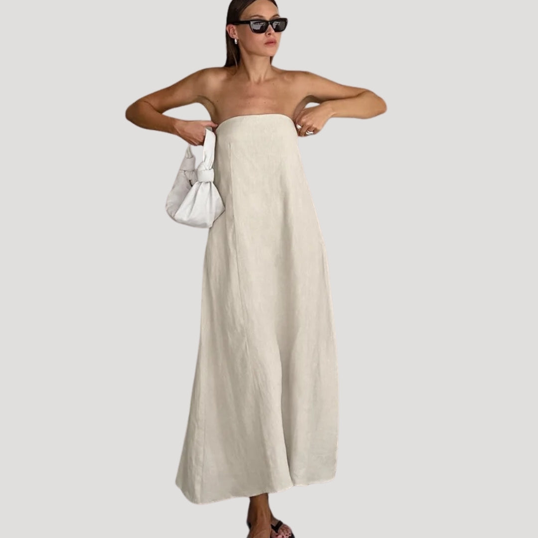 Women’s linen strapless maxi summer dress backless holiday