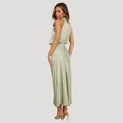 Women's satin wedding guest dress - halter neck maxi