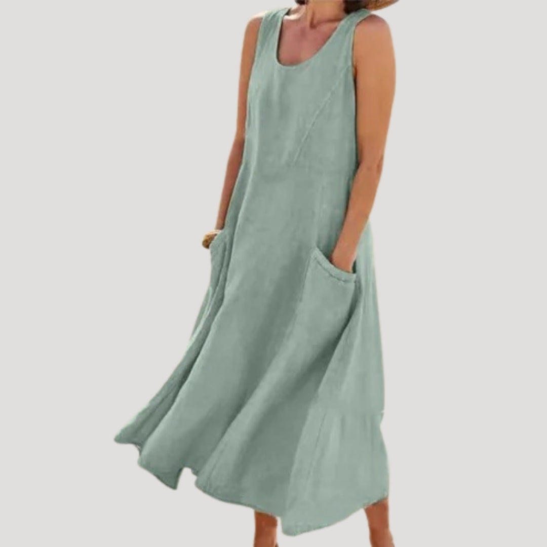 Women’s summer sleeveless midi dress – casual linen look with pockets