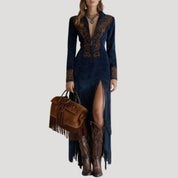 Women’s long sleeve embroidered fringe maxi dress