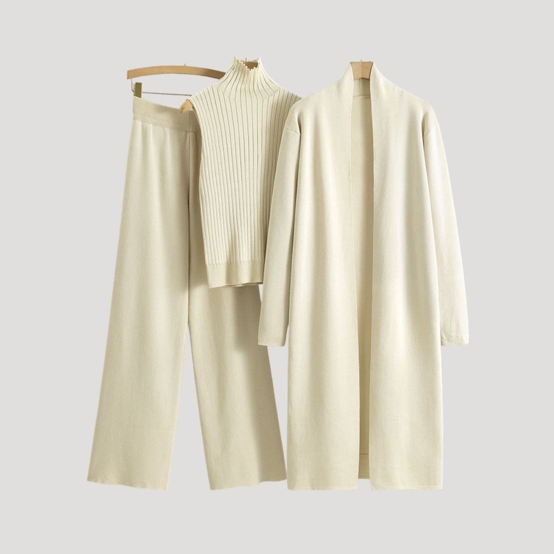 Women’s knitted co ord longline cardigan turtleneck jumper trousers