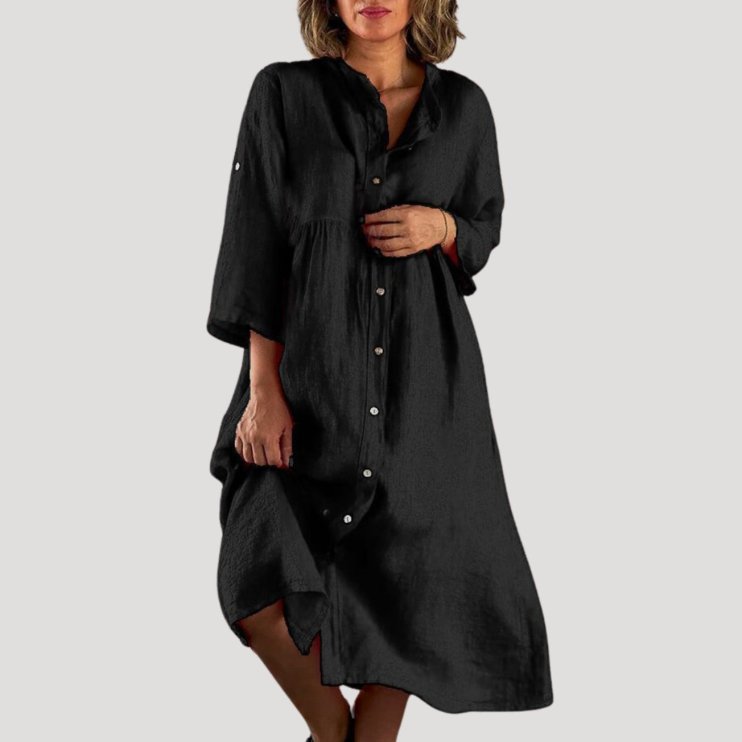 Women’s linen long sleeve button midi shirt dress