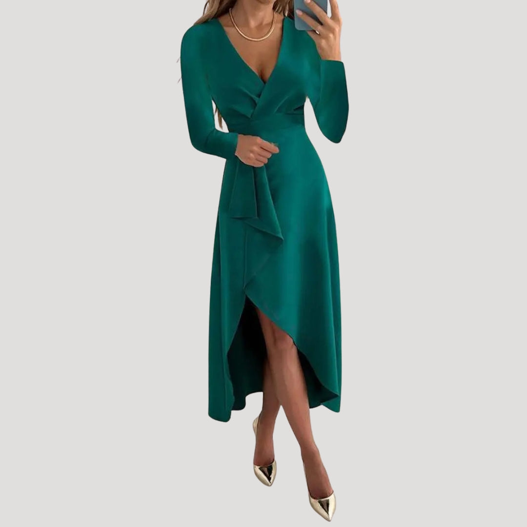 Women’s long sleeve wrap midi wedding guest dress