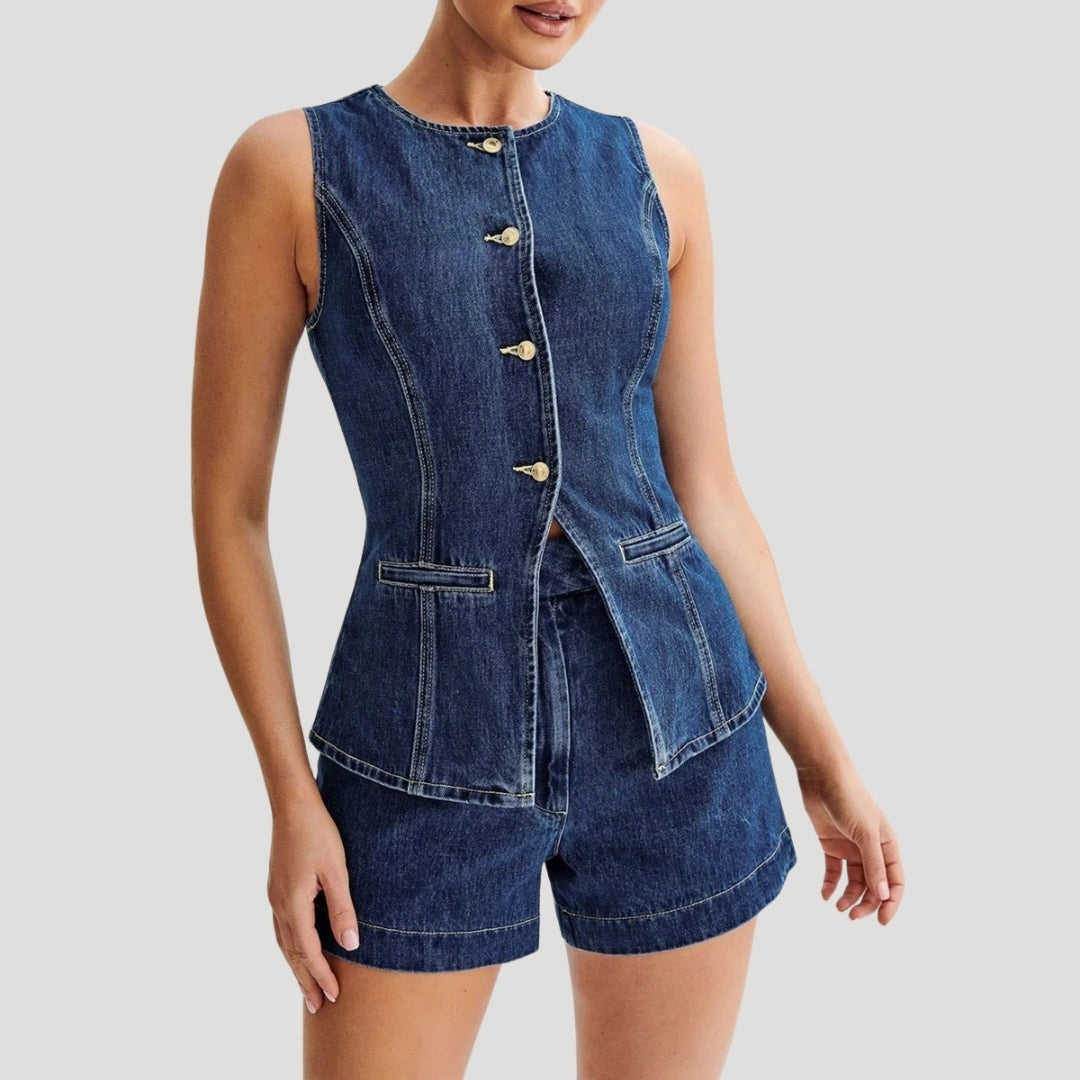 Sleeveless denim button-up vest set