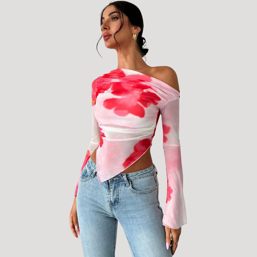 Off-shoulder floral mesh top