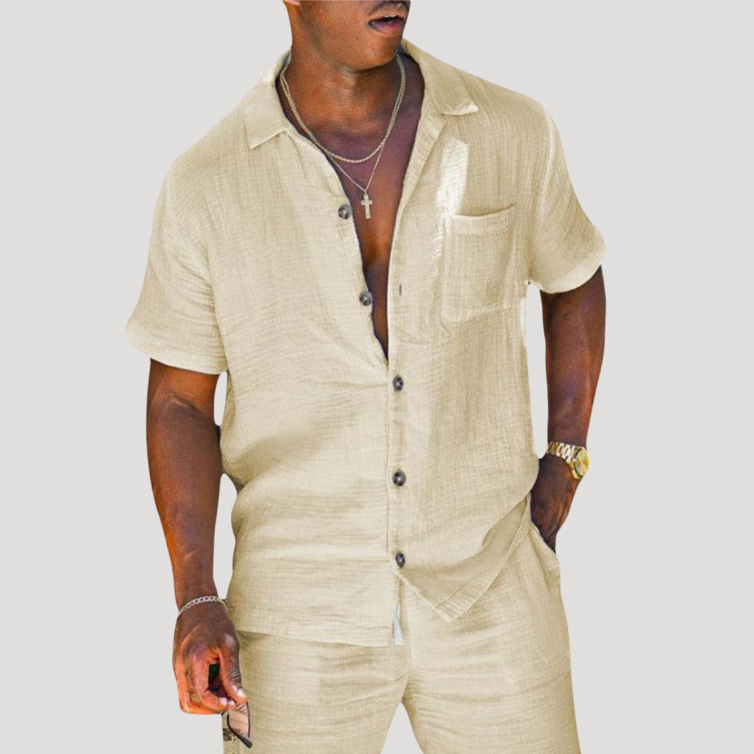 Men’s short sleeve linen casual button shirt