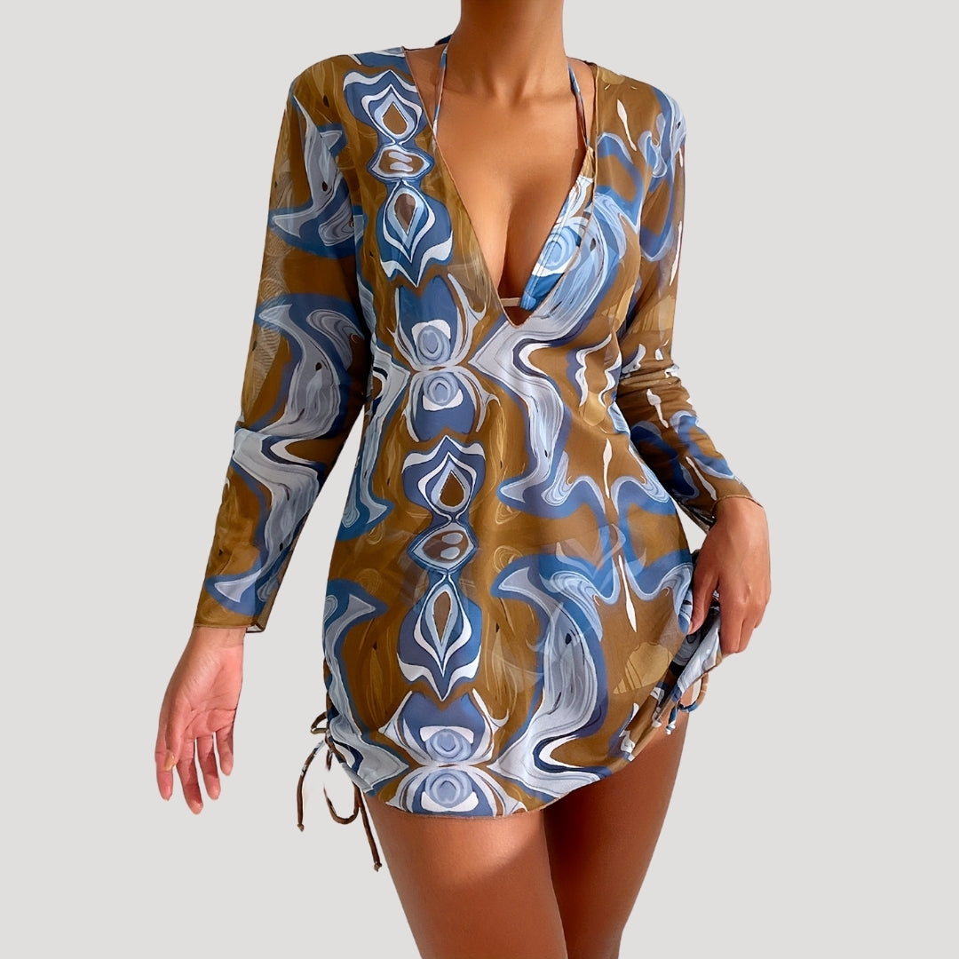 Abstract print 3-piece bikini set with cover-up