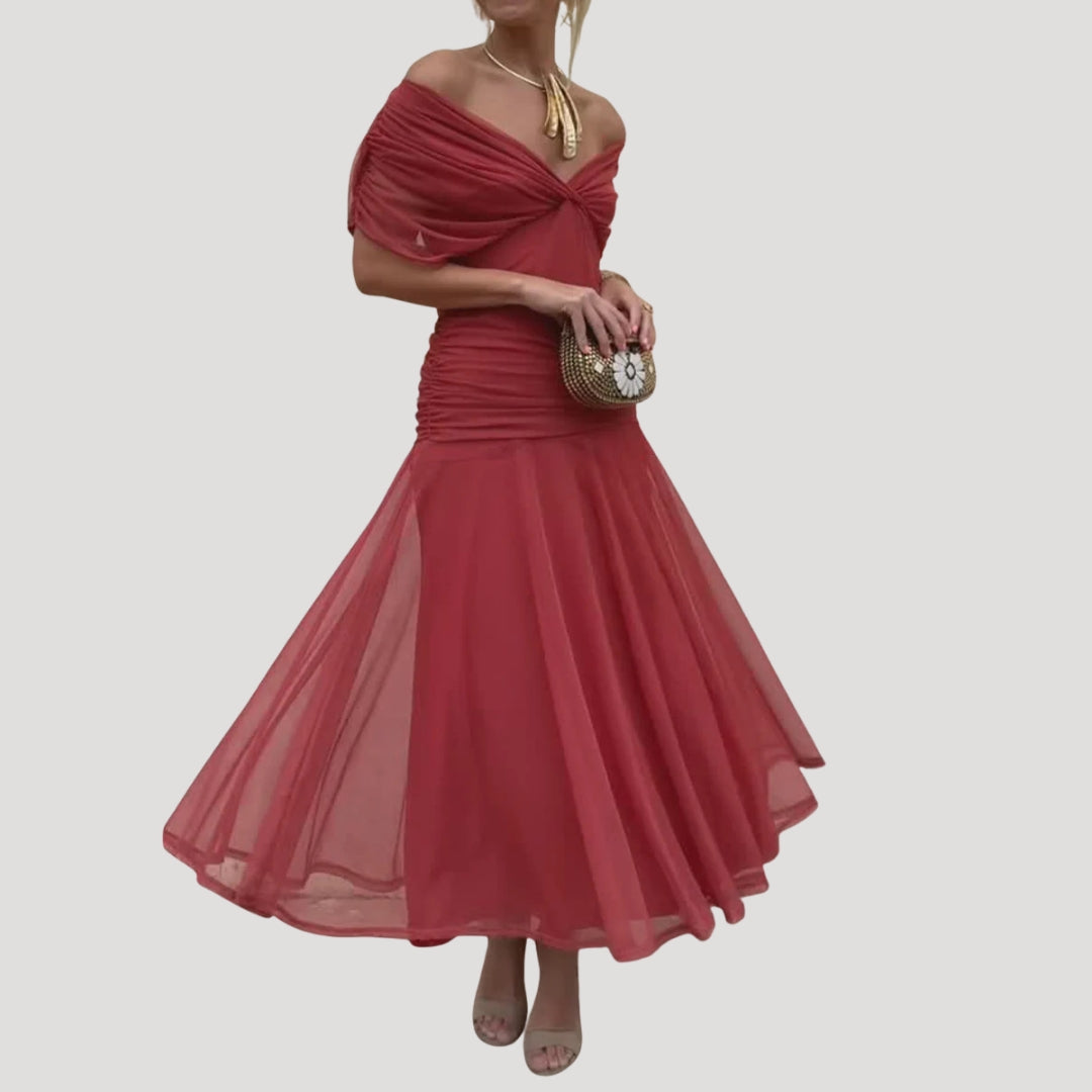Women's off shoulder chiffon occasion midi dress Noir & Pearl Women's off shoulder chiffon occasion midi dress Noir & Pearl