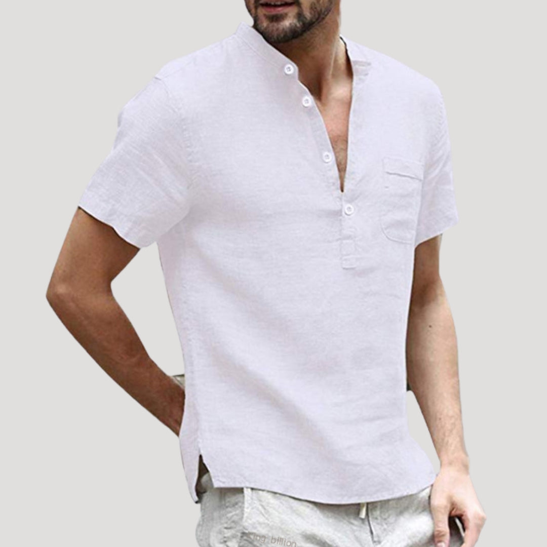 Men’s grandad collar short sleeve linen shirt