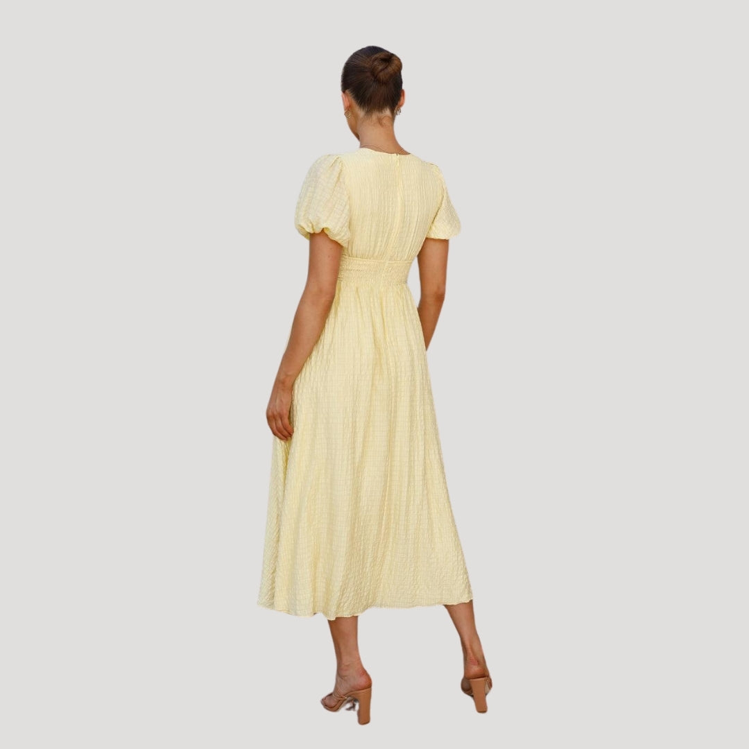 Women’s puff sleeve midi wedding guest dress