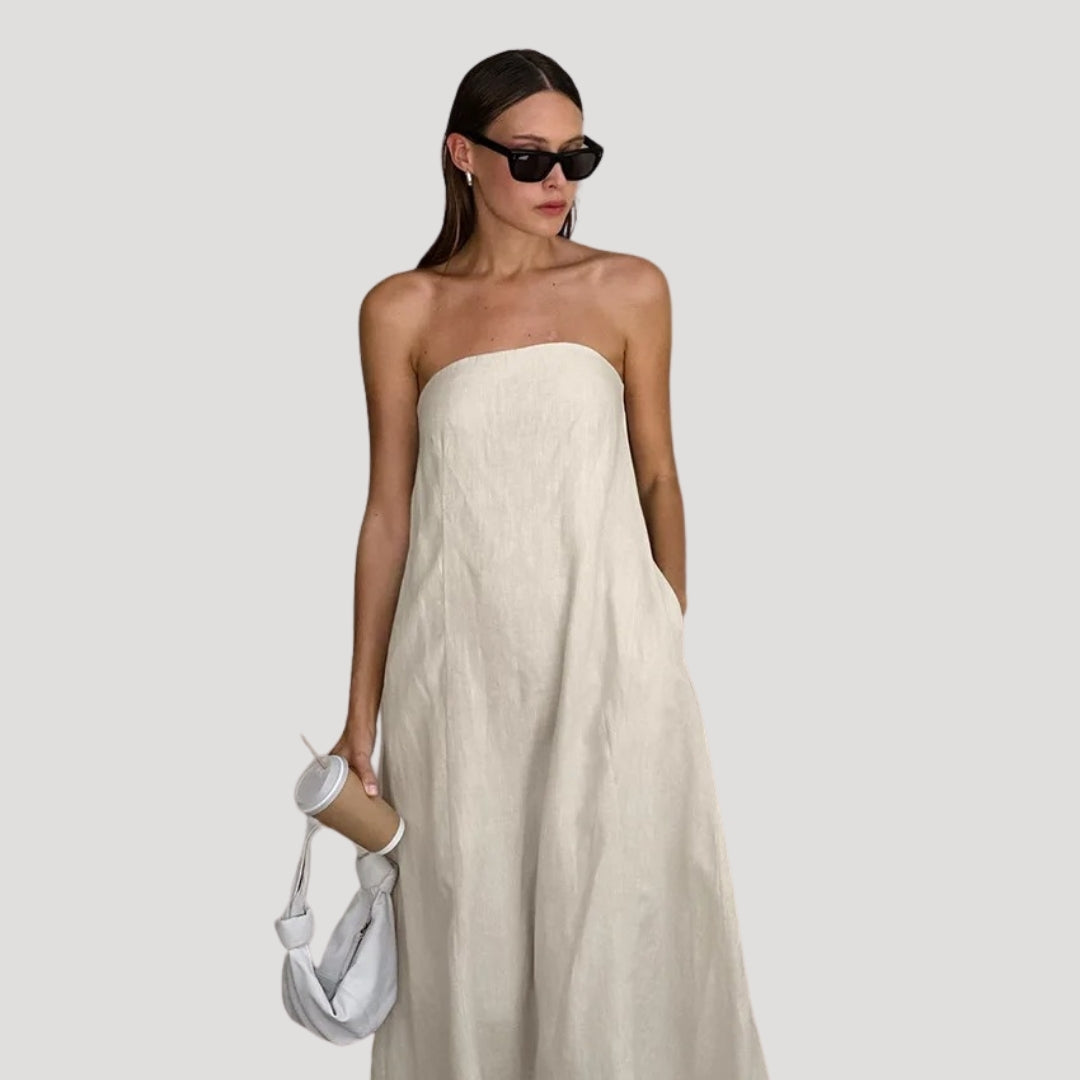 Women’s linen strapless maxi summer dress backless holiday