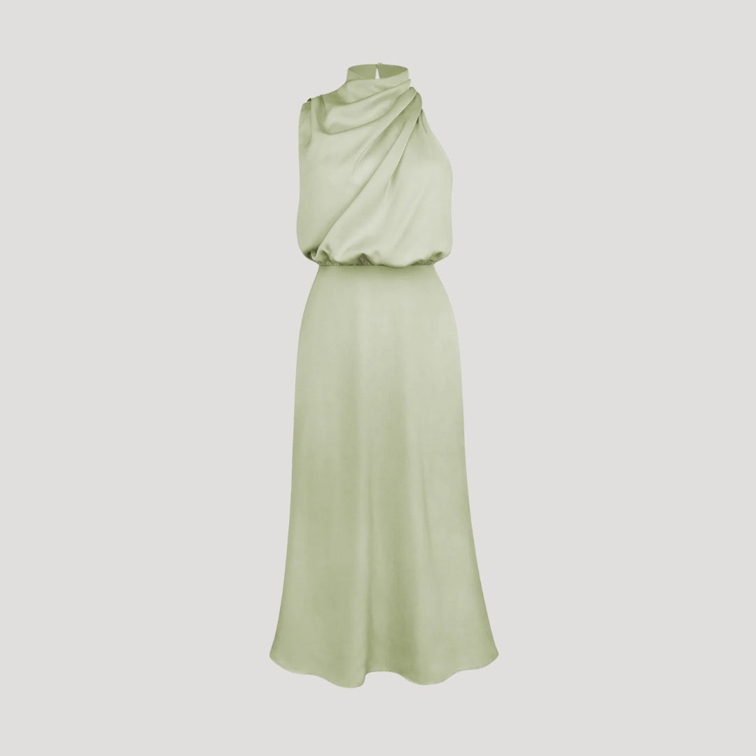 Women's satin wedding guest dress - halter neck maxi