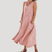 Women’s summer sleeveless midi dress – casual linen look with pockets