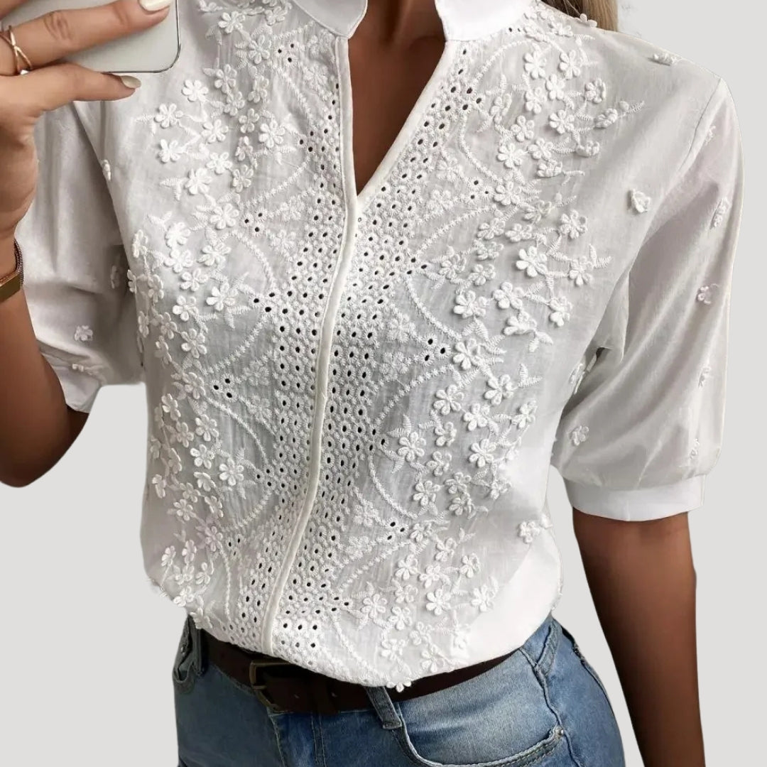Women’s white embroidered cotton short sleeve blouse