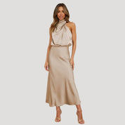 Women's satin wedding guest dress - halter neck maxi