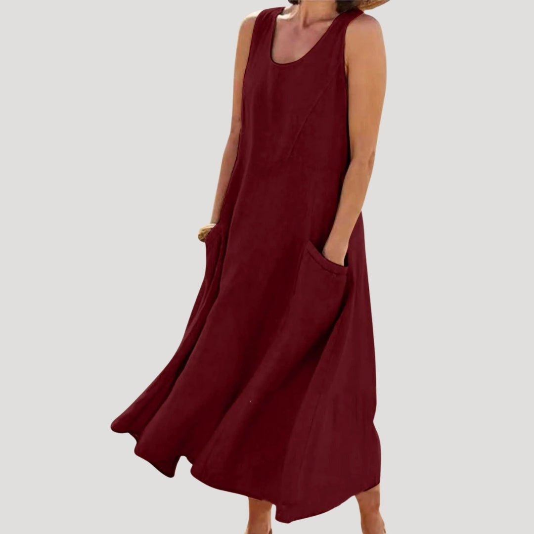 Women’s summer sleeveless midi dress – casual linen look with pockets