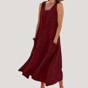 Women’s summer sleeveless midi dress – casual linen look with pockets