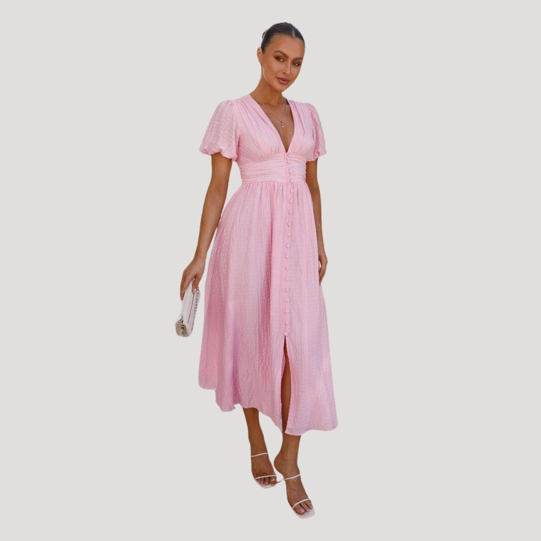Women’s puff sleeve midi wedding guest dress
