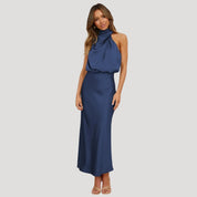 Women's satin wedding guest dress - halter neck maxi