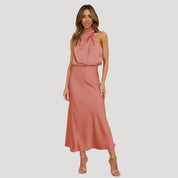 Women's satin wedding guest dress - halter neck maxi