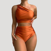 One-shoulder high-waisted bikini with ruched detail