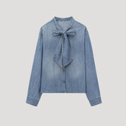 Denim bow-tie blouse with long sleeves