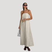 Women’s linen strapless maxi summer dress backless holiday