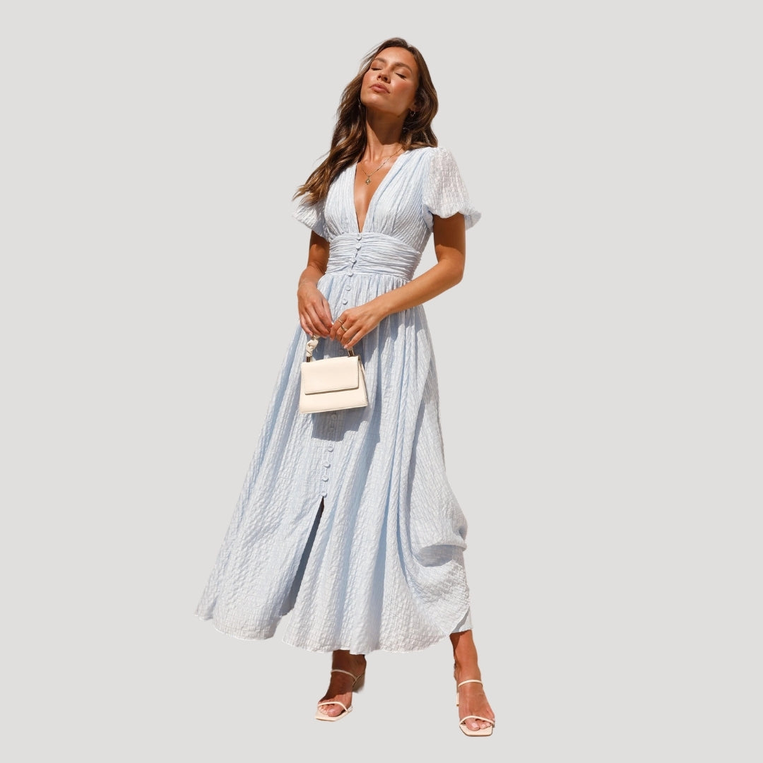Women’s puff sleeve midi wedding guest dress