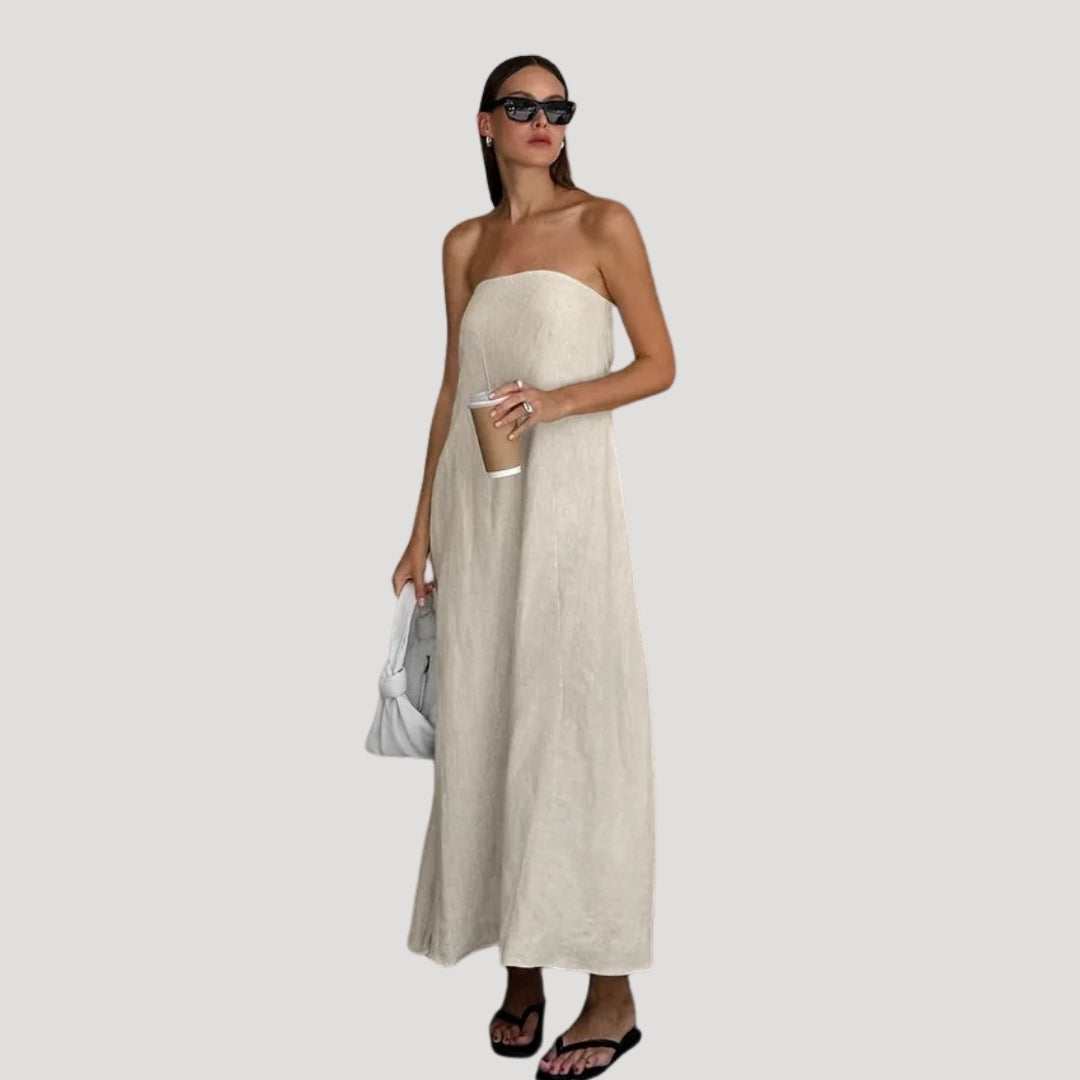 Women’s linen strapless maxi summer dress backless holiday