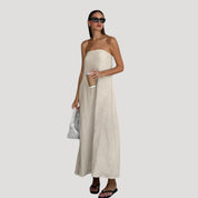 Women’s linen strapless maxi summer dress backless holiday