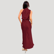 Women's satin wedding guest dress - halter neck maxi