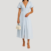 Women’s puff sleeve midi wedding guest dress