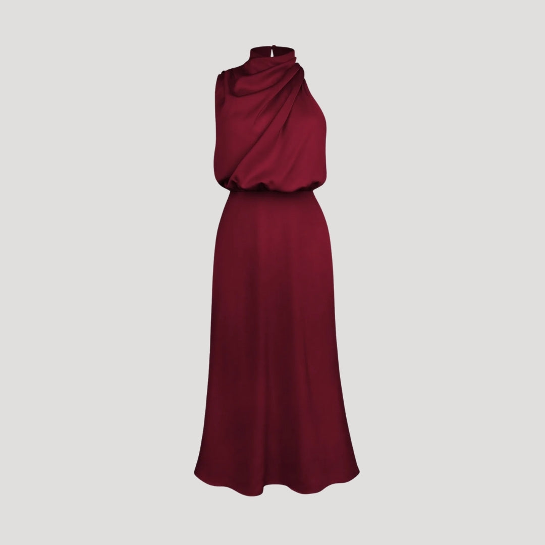 Women's satin wedding guest dress - halter neck maxi