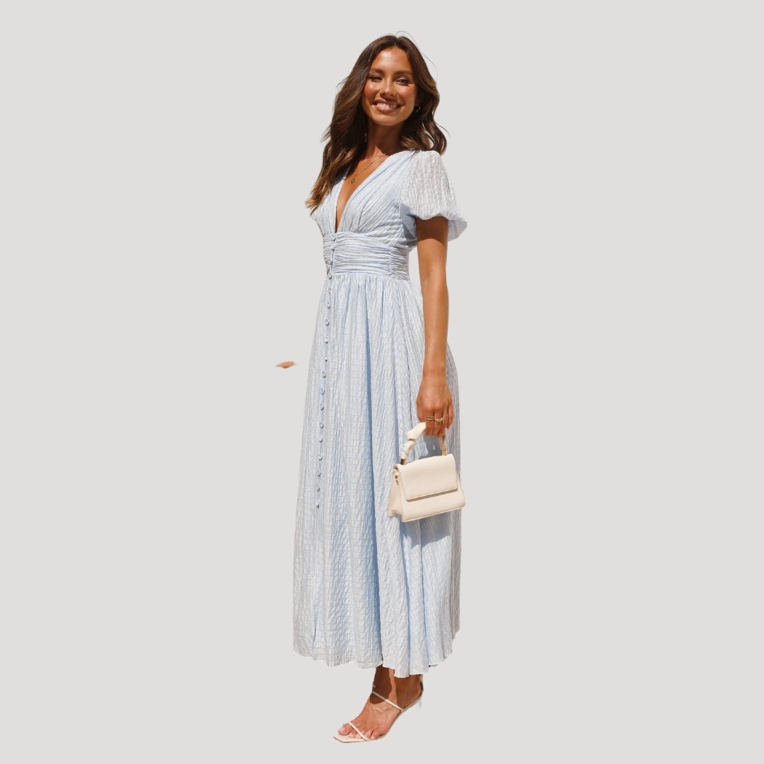 Women’s puff sleeve midi wedding guest dress