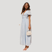 Women’s puff sleeve midi wedding guest dress