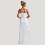 Women’s ruched split thigh maxi wedding guest dress
