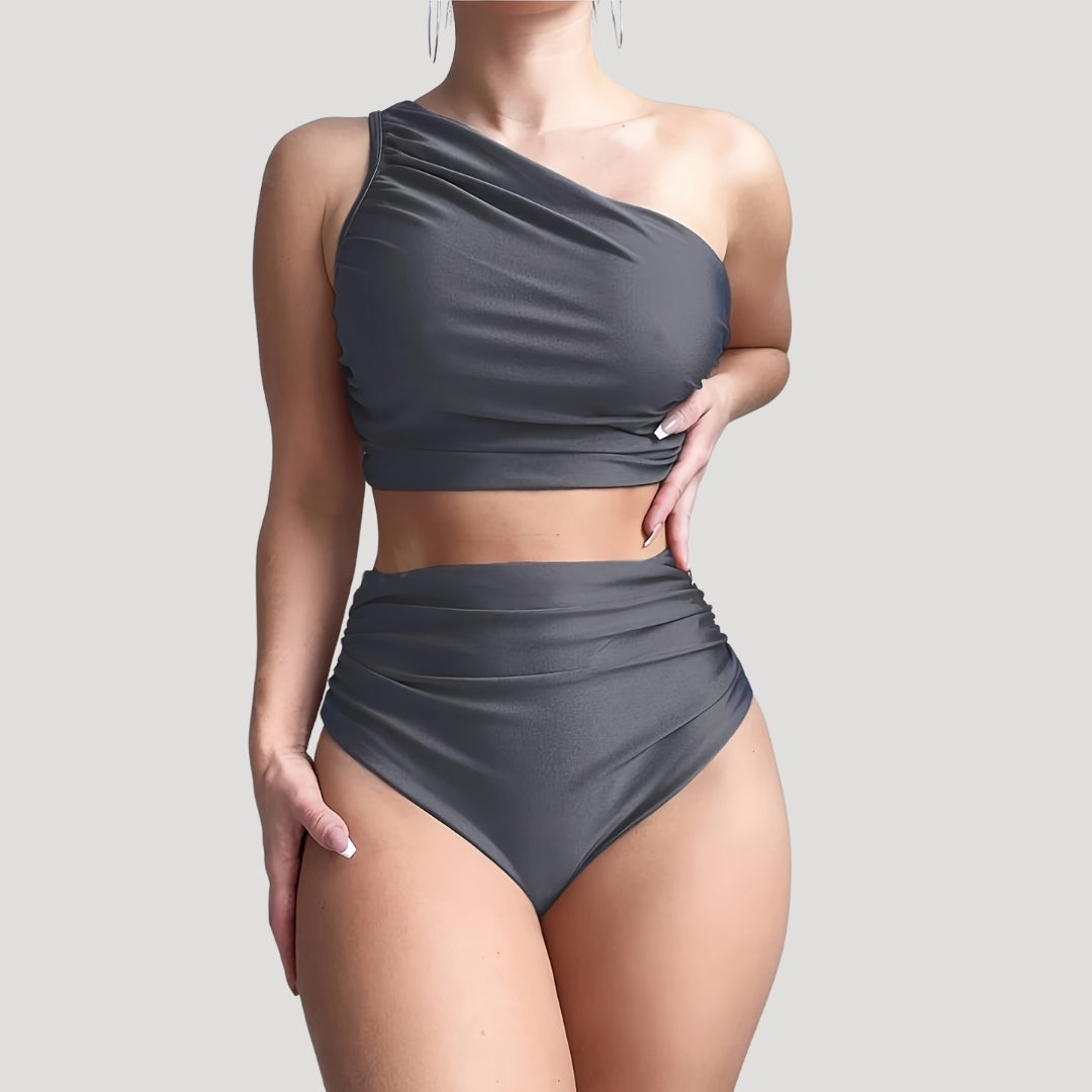 One-shoulder high-waisted bikini with ruched detail